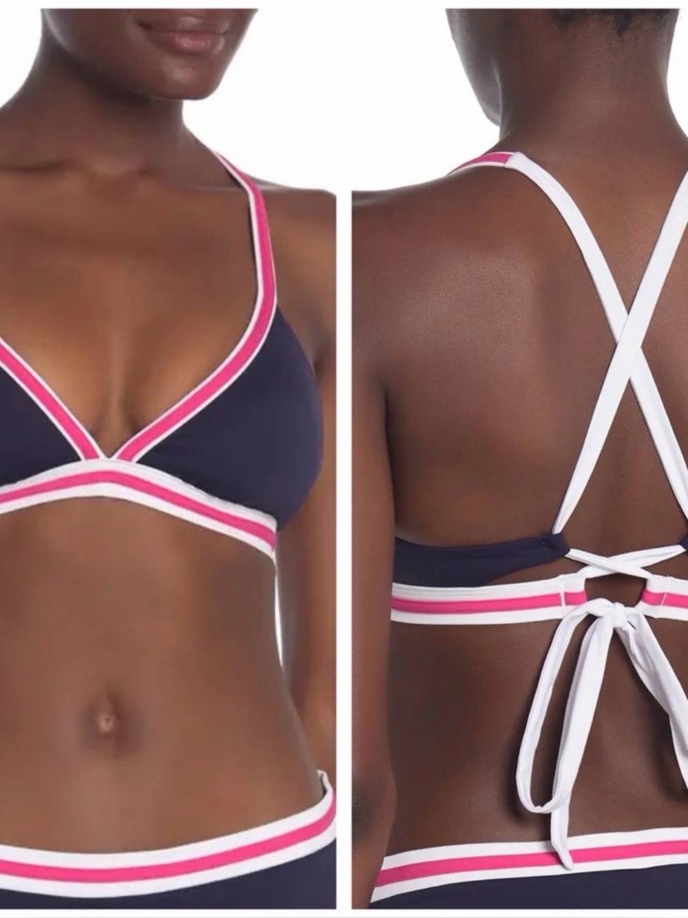 NWT Nautica Triangle Colorblock Bikini Top Navy Pink White Cross Back Slimming